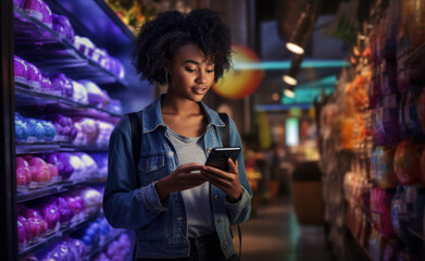 Obraz premium A woman is intently looking at her phone while in a grocery store