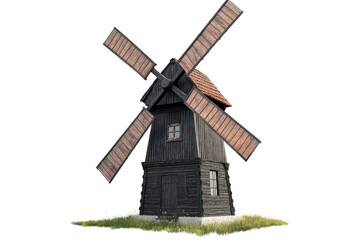 Classic Windmill with Rotating Blades Isolated on White Background