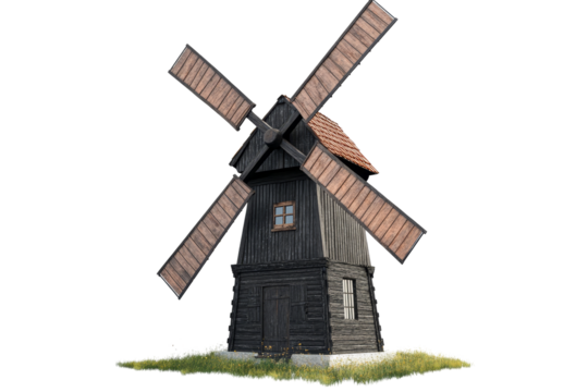 Classic Windmill with Rotating Blades Isolated on White Background