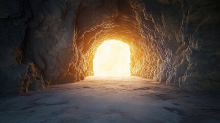 Quest through dark caves, eerie glow, unseen threats, 3D illustration