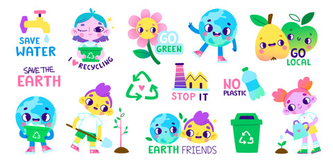 Eco set of retro cartoon stickers with cute kids. Bright collection of environmental vector characters.