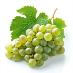 Green grapes with leaves isolated on white background, close up. With clipping path. Full depth of field.