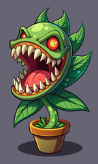 Fototapeta premium A scary monster plant with sharp teeth and glowing eyes, lurking in a dark forest with twisted, gnarled trees. 