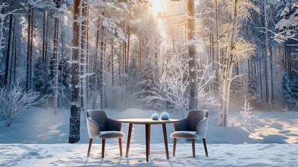  Table and two chairs against the background of a winter forest, banner 