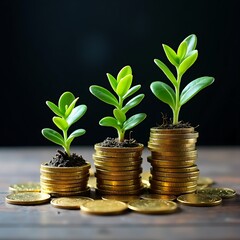 A young plant growing on golden coins stacks, saving money concept, financial investment business concept