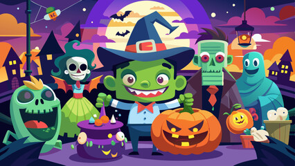 Spooky Halloween Party with Dancing Monsters, Witches, and Ghosts
