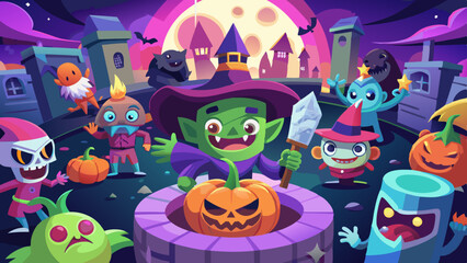 Spooky Halloween Party with Dancing Monsters, Witches, and Ghosts
