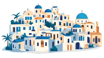 Idyllic Coastal Greek Village Sticker - Minimalistic Flat Vector Illustration of Whitewashed Houses and Blue Rooftops on White Background