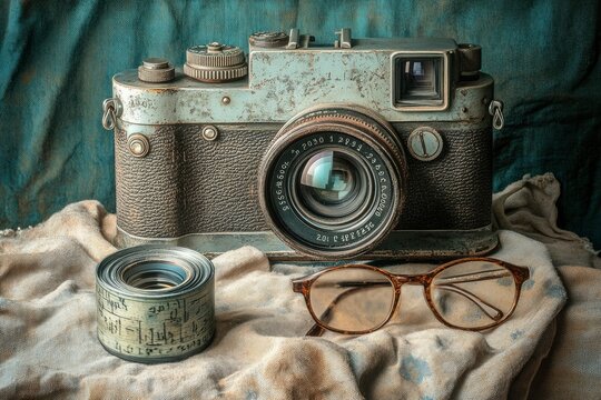 Vintage Camera, Film Reel, and Eyeglasses on Fabric
