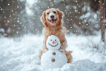 Cute dog like a snowman in winter forest. Happy snowman with generative ai