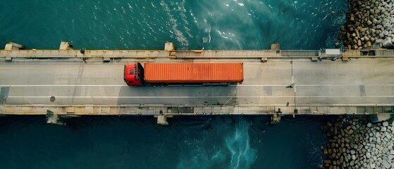 Cargo Truck Driving Over Port Bridge Seen from Aerial View