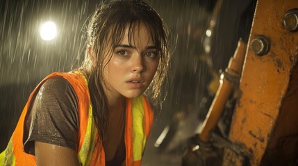 Fototapeta premium Young woman in orange vest looking at camera in the rain.