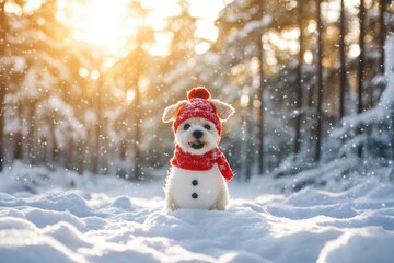 Obraz premium Cute dog like a snowman in winter forest. Happy snowman with generative ai
