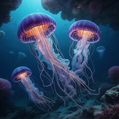 Obraz premium Jellyfish underwater in the dark purple light tone color, marine life nature concept
