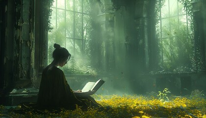 a woman sitting in the woods with a laptop. 