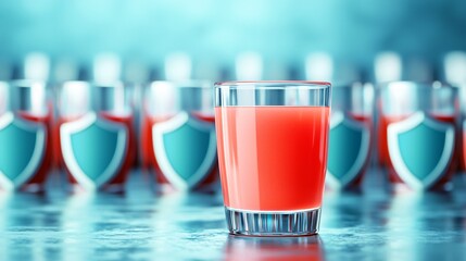 Tomato juice in a glass surrounded by shield icons 3D illustration