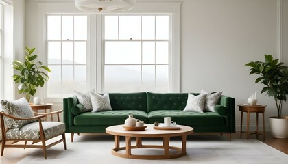 Green velvet sofa with white and gray patterned pillows, wooden coffee table, and natural light from windows.