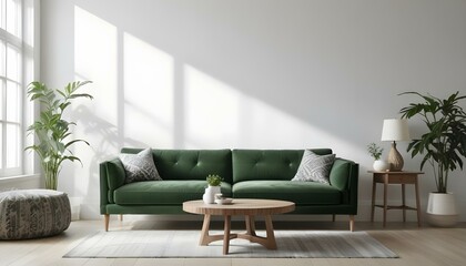 Green velvet sofa with white and gray patterned pillows, wooden coffee table, and natural light from windows.