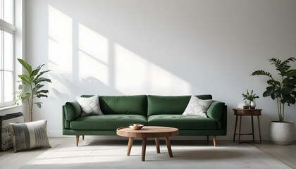 Green velvet sofa with white and gray patterned pillows, wooden coffee table, and natural light from windows.