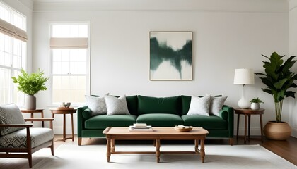 Green velvet sofa with white and gray patterned pillows, wooden coffee table, and natural light from windows.