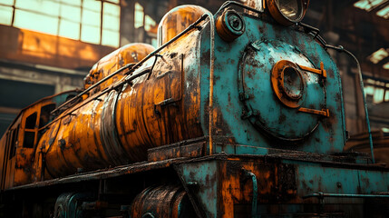 Fototapeta premium Rusty Locomotive in a Forgotten Industrial Building