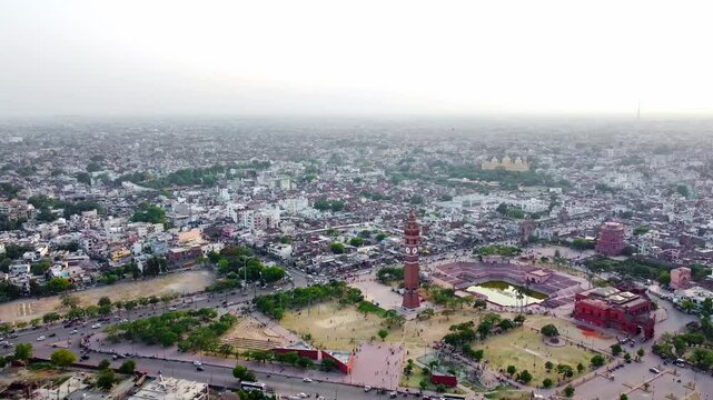  Aerial view of hussainabad pond and clock tower, Beautiful evening at ghanta ghar talab in lucknow, lucknow, uttar pradesh, india, Asia.