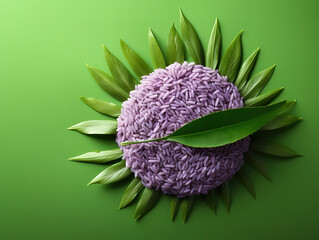 Yellow flowers green leaf and rice on purple pastel background dussehra greeting.