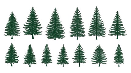 Obraz premium Serene Illustration of Dark Green Pine Trees Set on White Background - Minimalist Forest Landscape with Simplicity Design Concept