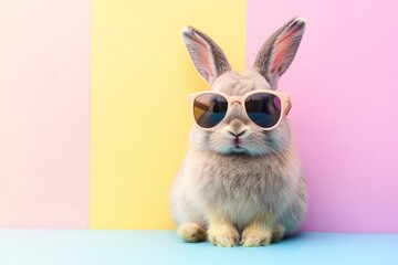 Fototapeta premium Cute rabbit wearing sunglasses on colorful background with space for text with generative ai