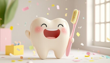 Adorable Smiling Tooth Character Holding Giant Toothbrush: Playful Dental Hygiene Concept. Creative Abstract Illustration for Oral Care Awareness, Kids' Dentistry, and Dental Clinic Marketing on Soft 