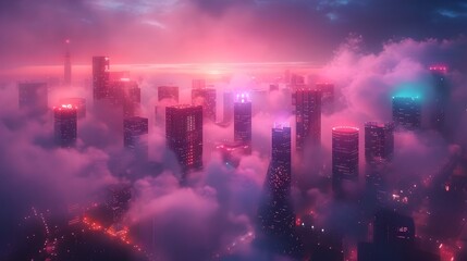 Futuristic City Skyline Enveloped in Vibrant Neon Lights and Ethereal Smoke