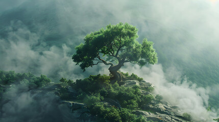 June 5 is World Environment Day. The concept of nature protection. A lonely ancient tree on top of a mountain in the fog