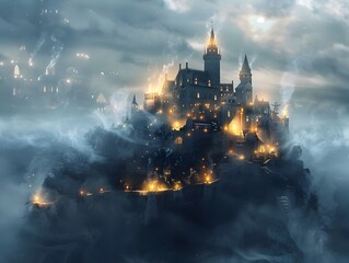 Fototapeta premium Enchanted Castle Shrouded in Mystical Twilight Smoke and Glowing Lights Magical and Detailed Landscape
