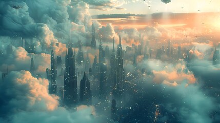 Fototapeta premium Futuristic Metropolis with Towering Skyscrapers and Vibrant Smoke Filled Sky