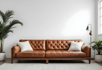 Fototapeta premium A large, tufted leather sofa with a wooden frame in a minimalist living room setting with white walls.