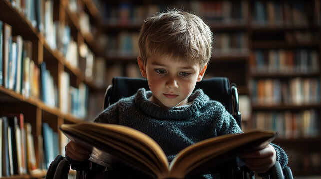 Boy reads book wheelchair library shelves background. Generative AI