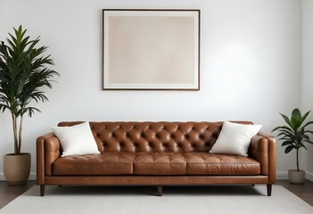 A large, tufted leather sofa with a wooden frame in a minimalist living room setting with white walls.