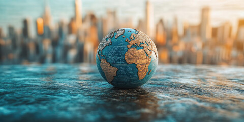 Celebrating world tourism day with a stunning globe against a city skyline, symbolizing interconnectedness and inviting adventures. Banner.