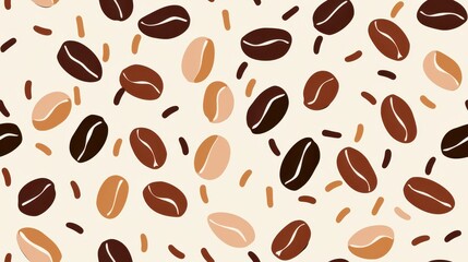 Abstract seamless pattern with coffee beans and organic shapes in warm tones on a beige background. Ideal for modern, artistic designs.