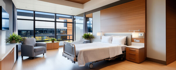 A modern, private hospital room featuring large windows, a comfortable bed, and natural light, designed for patient comfort and care.
