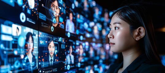 Businesswoman Analyzing a Digital Wall Display of Faces and Data, Modern Technology Concept