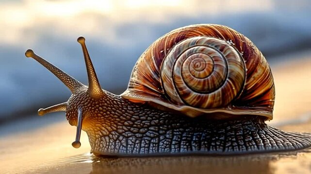 Isolated brown snail with a spiral shell crawling slowly on a white sandy beach