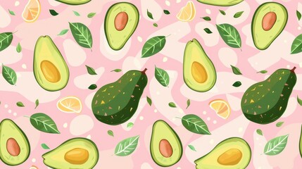 Avocado halves and citrus slices on a pink background, bright and lively. Ideal for vibrant, food, and summer-themed designs.