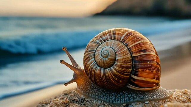 Isolated brown snail with a spiral shell crawling slowly on a white sandy beach