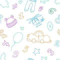Cute baby seamless pattern with animals and toys and rainbow. Seamless texture.