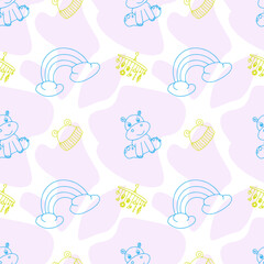 Cute baby seamless pattern with animals and toys and rainbow. Vector seamless texture.