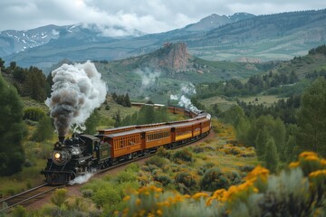 Vintage Steam Train Traveling Through Mountain Valley With Lush Greenery and Scenic Landscape