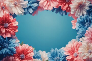 Fototapeta premium Vibrant flowers in red, white, and blue creating a frame on a bright blue background. Perfect for patriotic and celebratory designs.