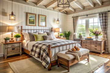 Fototapeta premium wooden bedroom with a view of nature