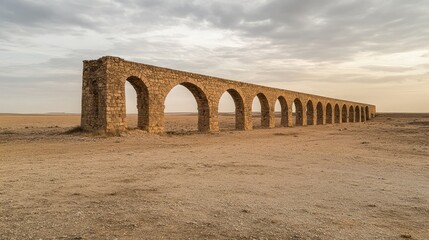 Ancient stone aqueduct in a wide, barren field, with minimal surroundings and overcast sky